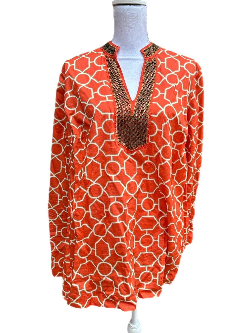 Charter Club Orange Geometric Caftan Tunic with Metal Beaded Embellished V-Neck